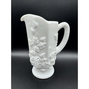 Vintage Westmoreland White Milk Glass 9” Pitcher Paneled Grape